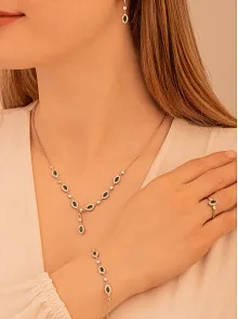 Kadın Gümüş Takı Seti - Pera Zümrüt Mekik Taşlı 925 Ayar Kolye, Bileklik, Yüzük, Küpe Tam Set