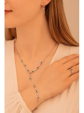 Kadın Gümüş Takı Seti - Pera Zümrüt Mekik Taşlı 925 Ayar Kolye, Bileklik, Yüzük, Küpe Tam Set