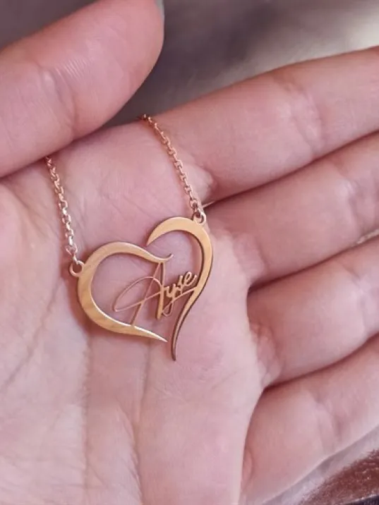 Kişiye Özel Kalp İçinde İmza İsim Yazılan Rose Renk Bayan Gümüş Kolye Zincir GKLROSISIMY