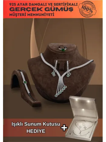 Celena Bayan Zümrüt Taşlı Gümüş Su Yolu Set - Kolye, Bileklik, Küpe, Yüzük