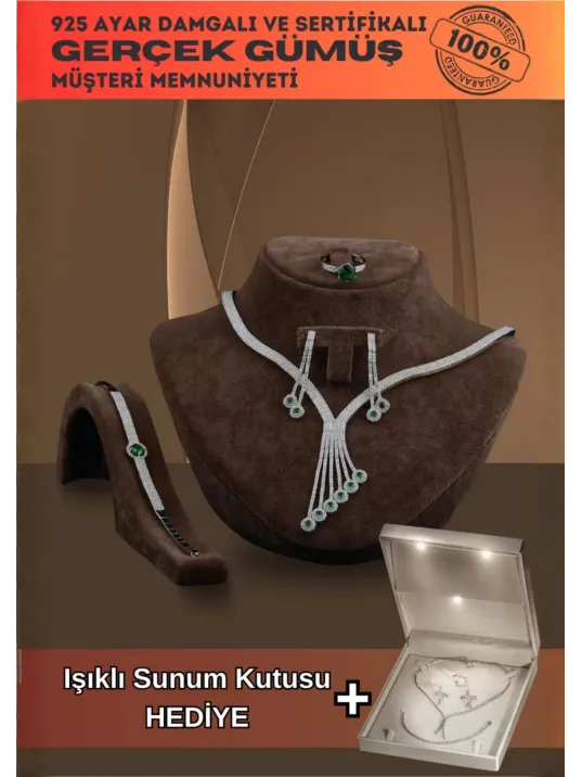 Celena Bayan Zümrüt Taşlı Gümüş Su Yolu Set - Kolye, Bileklik, Küpe, Yüzük