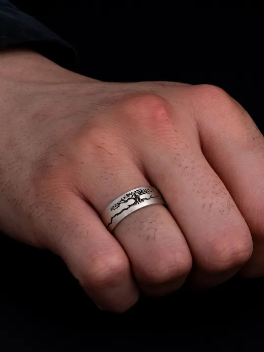 Hayat Ağacı Kadın Erkek Gümüş Tek Alyans Yüzük