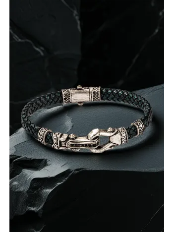 Çapa Kilitli Gümüş Detaylı Siyah Erkek Bileklik – Örgü Deri Tasarım, Etnik Dokulu