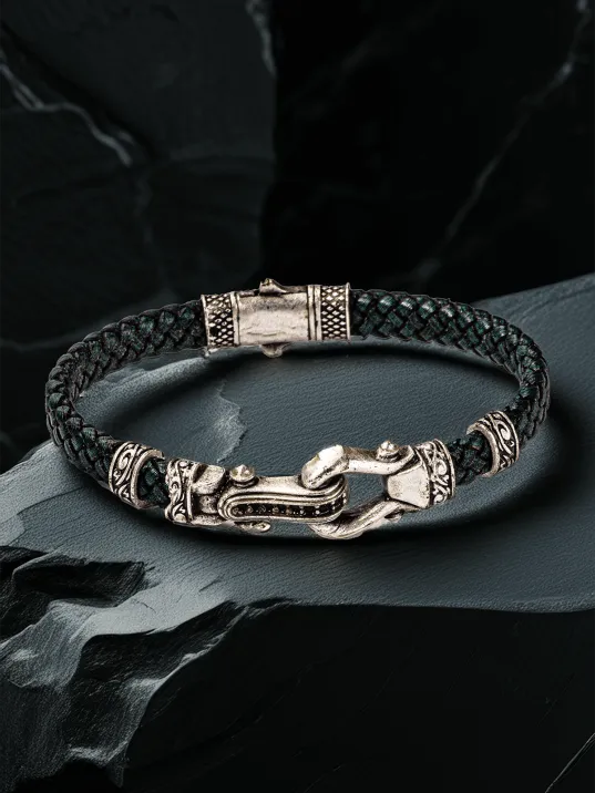 Çapa Kilitli Gümüş Detaylı Siyah Erkek Bileklik – Örgü Deri Tasarım, Etnik Dokulu