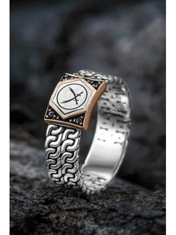 Erkek Gümüş Yüzük -Zirkon Taşlı Çift Zülfikar Kılıcı İşlemeli Sarmal Model Erkek Yüzük