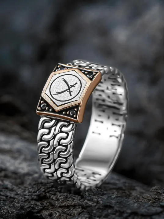 Erkek Gümüş Yüzük -Zirkon Taşlı Çift Zülfikar Kılıcı İşlemeli Sarmal Model Erkek Yüzük