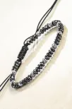 Siyah Hematit Taşlı Gümüş Detaylı Ayarlanabilir Erkek İp Bileklik - Model 7
