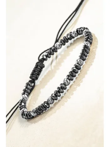 Siyah Hematit Taşlı Gümüş Detaylı Ayarlanabilir Erkek İp Bileklik - Model 7
