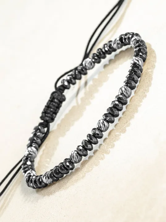 Siyah Hematit Taşlı Gümüş Detaylı Ayarlanabilir Erkek İp Bileklik - Model 7