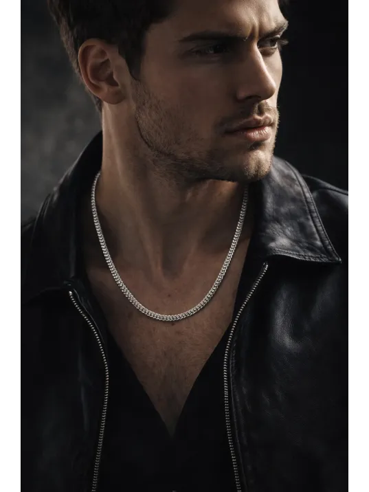 Erkek Kolye - Kare Kesim Model Erkek Çelik Kolye - Gümüş Renk - 3 Mm Kalınlık - Paslanmaz Çelik