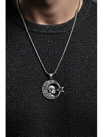 Erkek Gümüş Kolye - Ne Mutlu Türküm Diyene Yazılı Atatürk Motifli Ay Yıldız Model Gümüş Kolye