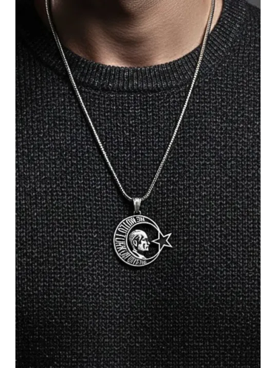 Erkek Gümüş Kolye - Ne Mutlu Türküm Diyene Yazılı Atatürk Motifli Ay Yıldız Model Gümüş Kolye