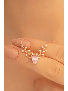 Kadın Gümüş Kolye - Zultanit Taşlı Geyik Kafası Motifli Rose Altın Kaplama Gümüş Kolye