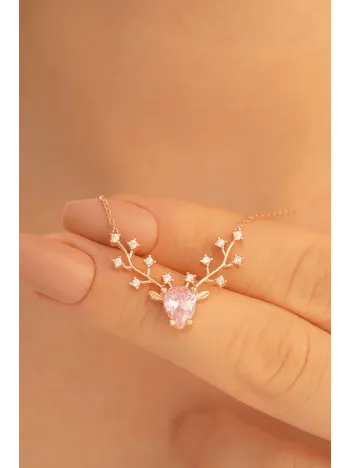 Kadın Gümüş Kolye - Zultanit Taşlı Geyik Kafası Motifli Rose Altın Kaplama Gümüş Kolye