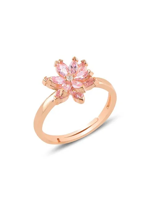 Pembe Zirkon Taşlı Çiçek Motifli Model 2 Rose Gümüş Kadın Yüzük GYZCCKMDLM2-ROS