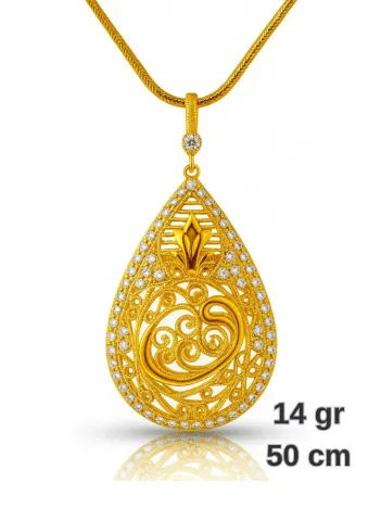 Kadın Gümüş Kolye - Damla Model Vav Desenli 22 Ayar Altın Kaplama Zirkon Taşlı Gümüş Kolye