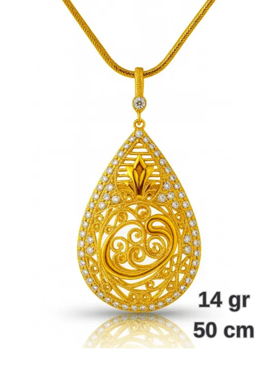 Kadın Gümüş Kolye - Damla Model Vav Desenli 22 Ayar Altın Kaplama Zirkon Taşlı Gümüş Kolye