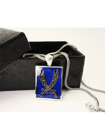 Mavi Mineli Çift Zülfikar Erkek Gümüş Kolye Zincir Orta Boy