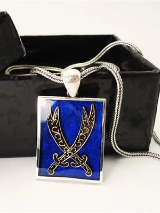 Mavi Mineli Çift Zülfikar Erkek Gümüş Kolye Zincir Orta Boy