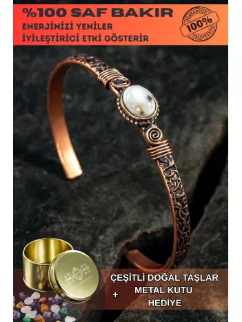 Bakır Kelepçe Bilezik Kristal Kuvars Doğal Taş Erkek Kadın Doğal Taşlı ve Metal Kutulu