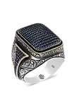 Homero Lacivert Zirkon Yanı Taşlı İşlemeli Özel Seri Erkek Gümüş Yüzük