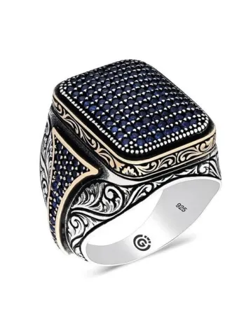 Homero Lacivert Zirkon Yanı Taşlı İşlemeli Özel Seri Erkek Gümüş Yüzük