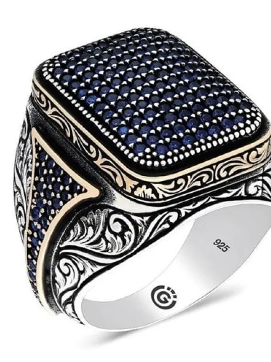 Homero Lacivert Zirkon Yanı Taşlı İşlemeli Özel Seri Erkek Gümüş Yüzük
