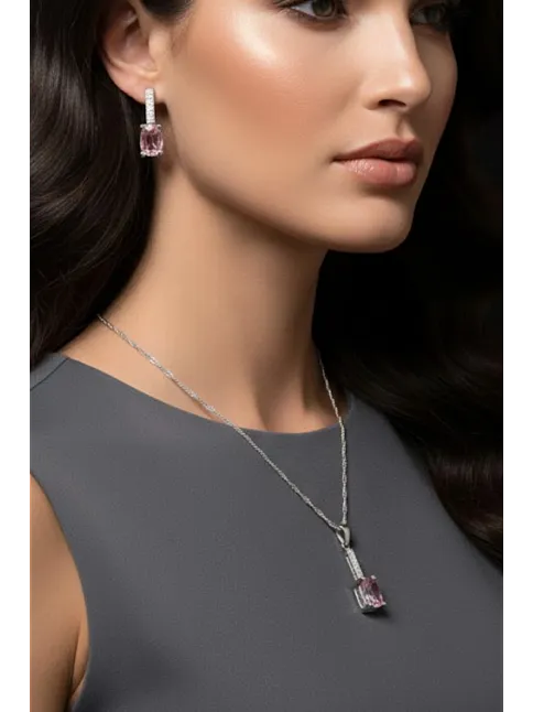 Kadın Gümüş Kolye Küpe Set - Baget Zultanit Taşlı Tektaş Model Set