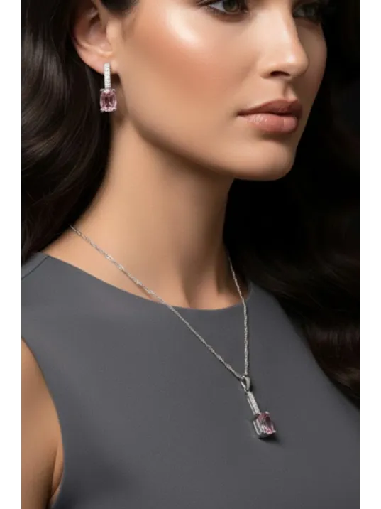 Kadın Gümüş Kolye Küpe Set - Baget Zultanit Taşlı Tektaş Model Set