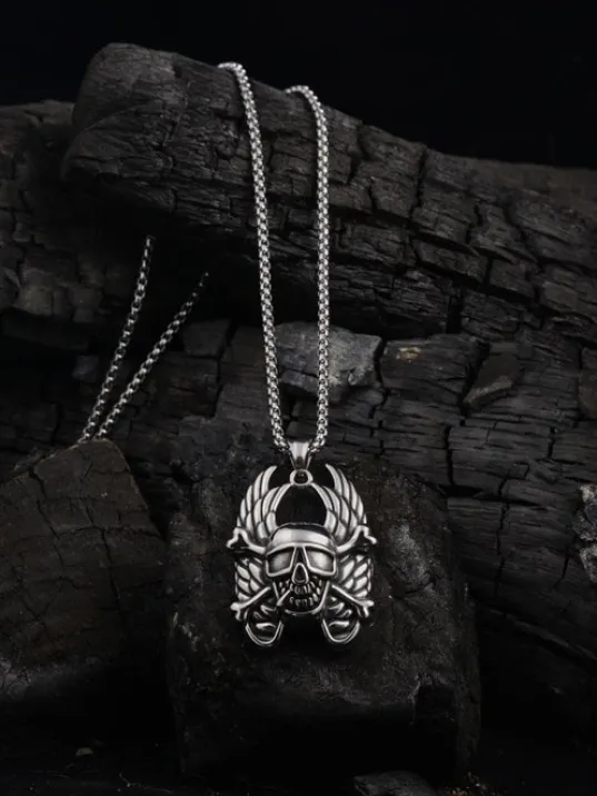 Ottoman Çelik Melek Kanatlı Kuru Kafa Model Erkek Kolye CKL120OKUCU-GMS