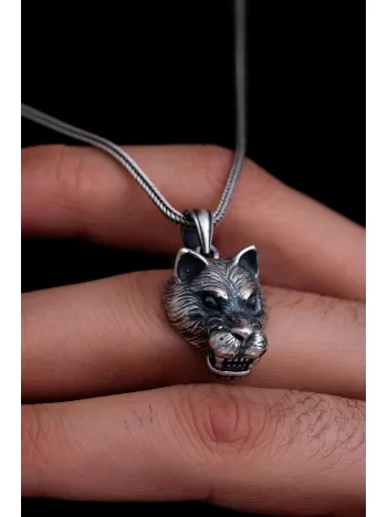 Erkek Gümüş Kolye - Pars Kafası Figürlü Tilki Kuyruğu Zincir Erkek Kolye