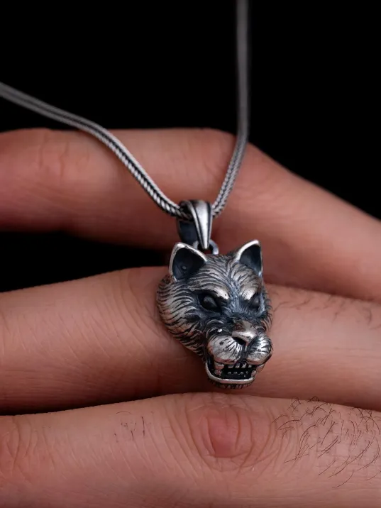 Erkek Gümüş Kolye - Pars Kafası Figürlü Tilki Kuyruğu Zincir Erkek Kolye