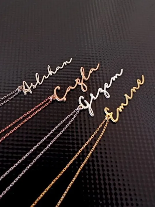 Kişiye Özel İmza İsim Yazılan Bayan Gümüş Kolye Zincir GKLGMS0ISIM