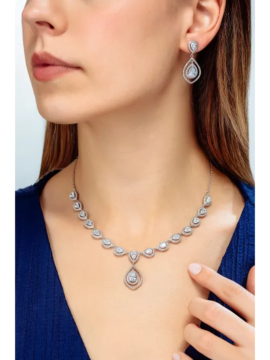 Kadın Bijuteri Kolye Küpe Set - Miranda Model Zirkon Taşlı Damla Motifli Zarif Su Yolu Set