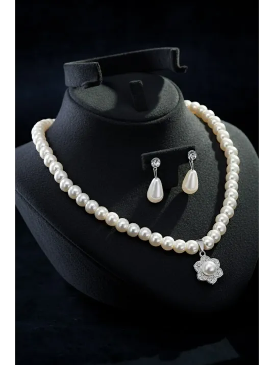 Kadın İnci Kolye Küpe Set - Margaret Model Çiçek Motifli Kadın İnci Set