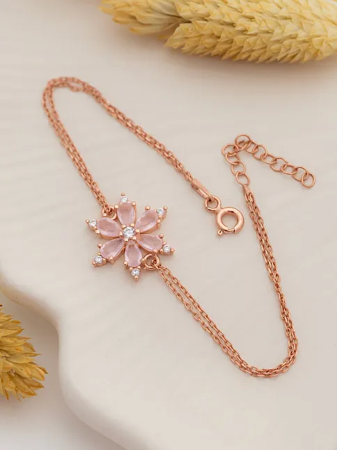 Pembe Taşlı Çiçek Model Rose Kadın Gümüş Bileklik