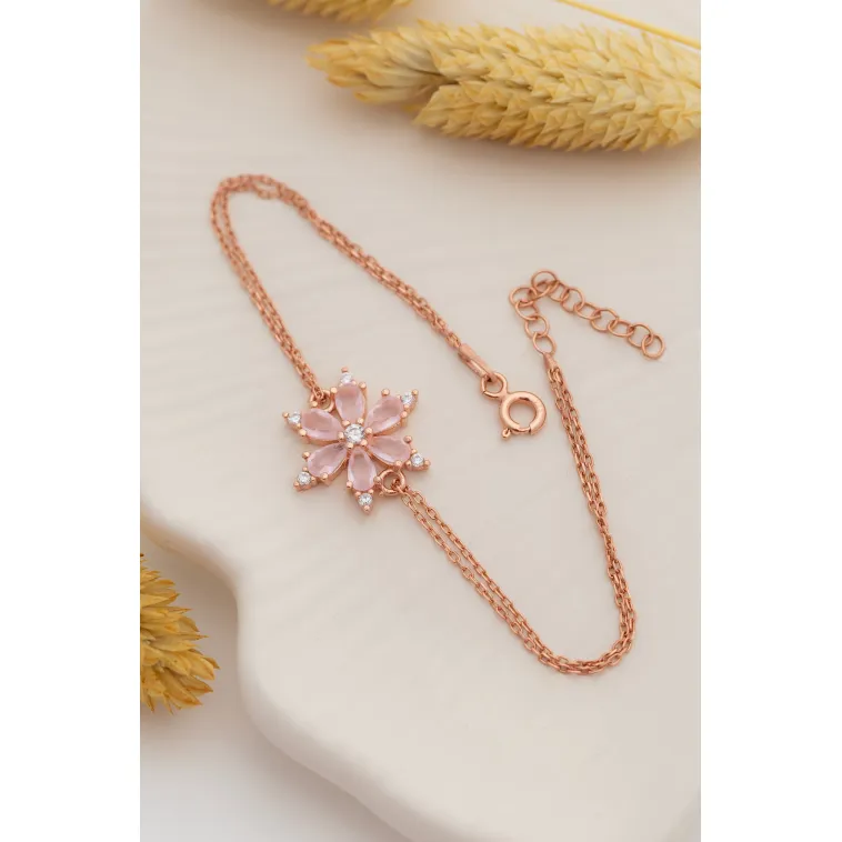 Pembe Taşlı Çiçek Model Rose Kadın Gümüş Bileklik
