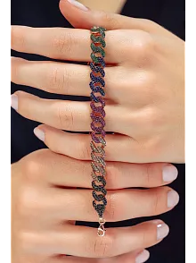 Kadın Gümüş Bileklik - Rose Kaplama Renkli Zirkon Taşlı Gurmet Zincir Model Kadın Bileklik