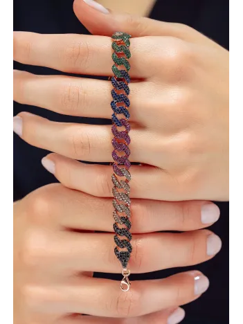 Kadın Gümüş Bileklik - Rose Kaplama Renkli Zirkon Taşlı Gurmet Zincir Model Kadın Bileklik