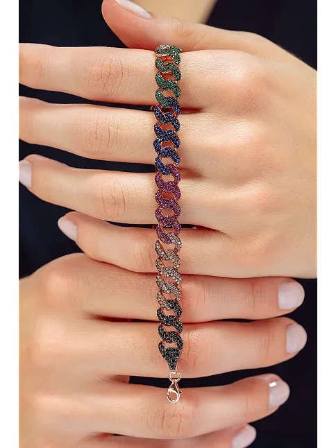 Kadın Gümüş Bileklik - Rose Kaplama Renkli Zirkon Taşlı Gurmet Zincir Model Kadın Bileklik