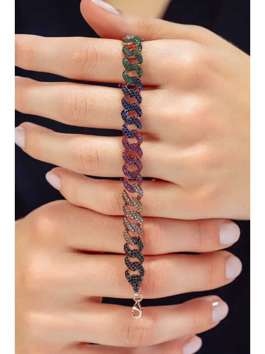 Kadın Gümüş Bileklik - Rose Kaplama Renkli Zirkon Taşlı Gurmet Zincir Model Kadın Bileklik Kadın Gümüş Bileklik - Rose Kaplama Renkli Zirkon Taşlı Gurmet Zincir Model Kadın Bileklik