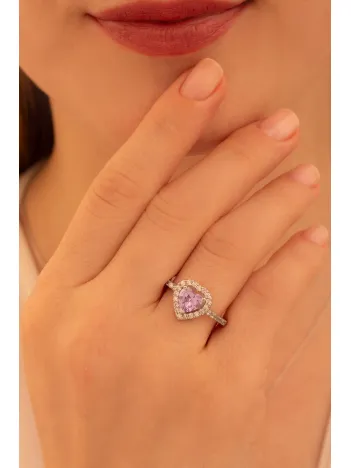 Kadın Gümüş Yüzük - Kalp Model Ametist Taşlı Zirkon Süslemeli Rodyumlu Kadın Yüzük