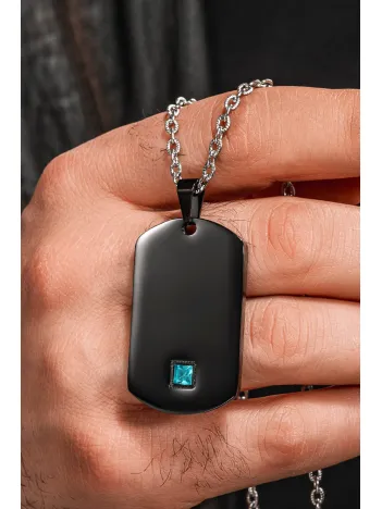 Steel Nova Çelik Erkek Kolye Mavi Zirkon Taşlı Siyah Künye Kararmaz