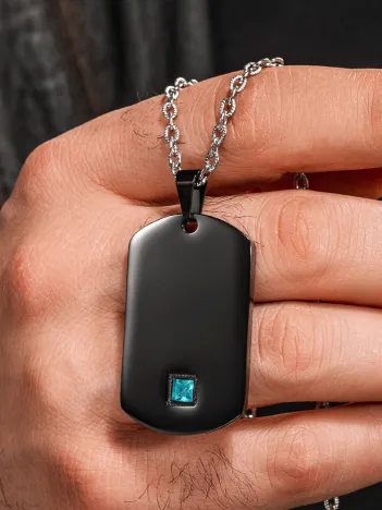 Steel Nova Çelik Erkek Kolye Mavi Zirkon Taşlı Siyah Künye Kararmaz