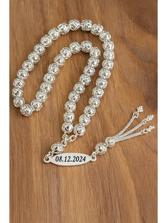 Erkek Gümüş Tespih - Çift Yön İsim Yazılabilir 925 Ayar Delikli Parlak Küre Kesim Tesbih Bilek Boy