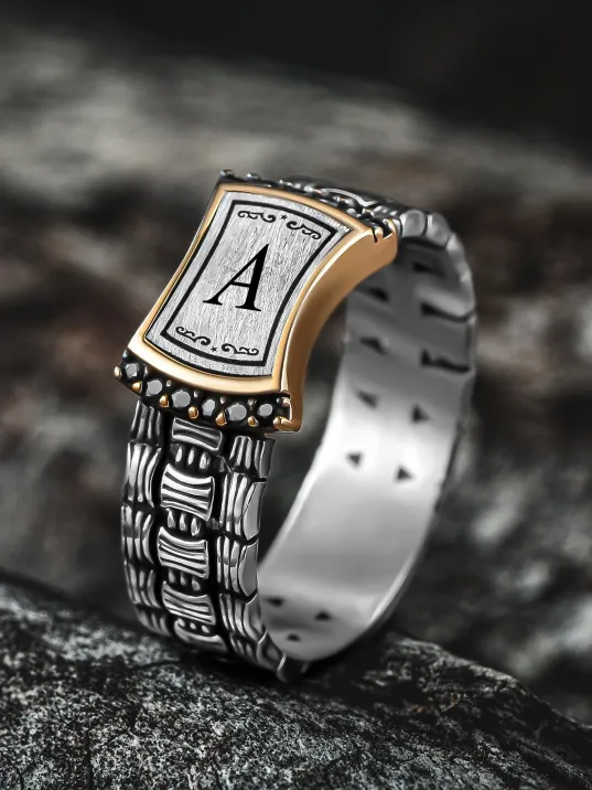 Erkek Gümüş Yüzük - Harf Yazılabilir Örgü Model Zirkon Taşlı Erkek Yüzük