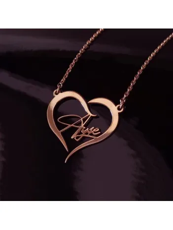Kişiye Özel Kalp İçinde İmza İsim Yazılan Rose Renk Bayan Gümüş Kolye Zincir GKLROSISIMY