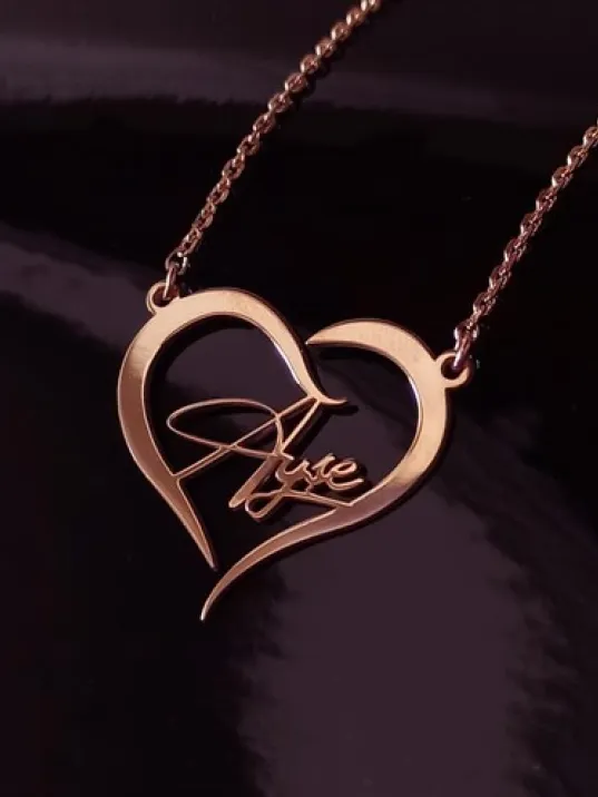 Kişiye Özel Kalp İçinde İmza İsim Yazılan Rose Renk Bayan Gümüş Kolye Zincir GKLROSISIMY