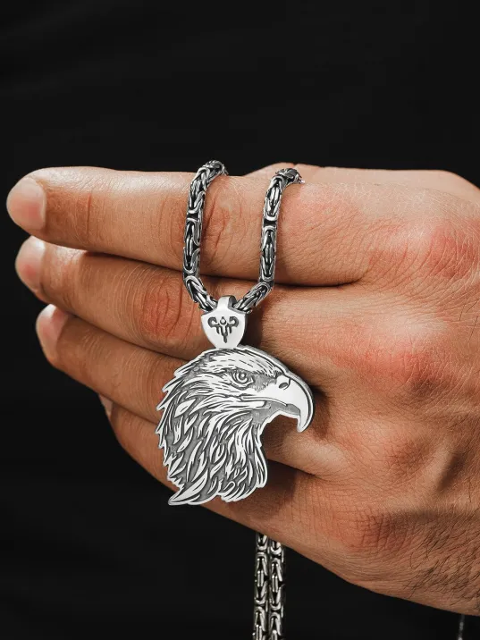 Erkek Gümüş Kolye - Kartal Kafası Motifli Büyük Boy Kral Zincirli Erkek Kolye