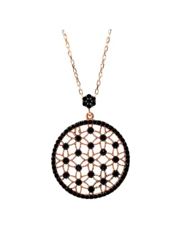 Siyah Zirkon Taşlı Rose Renk Yaşam Çiçeği Bayan Gümüş Kolye